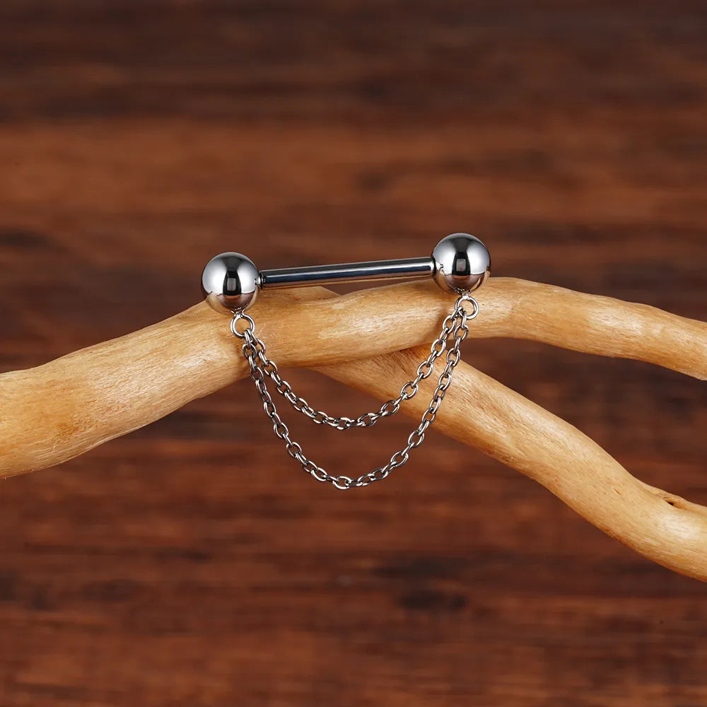 Titanium nipple bar with double chains gold and silver cute and unique 14G 1 piece