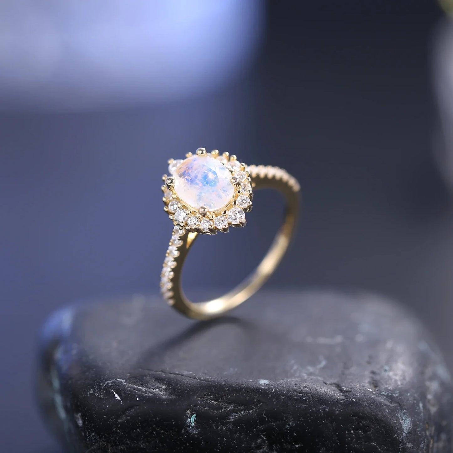 Gold moonstone ring with diamond cz and a real moonstone