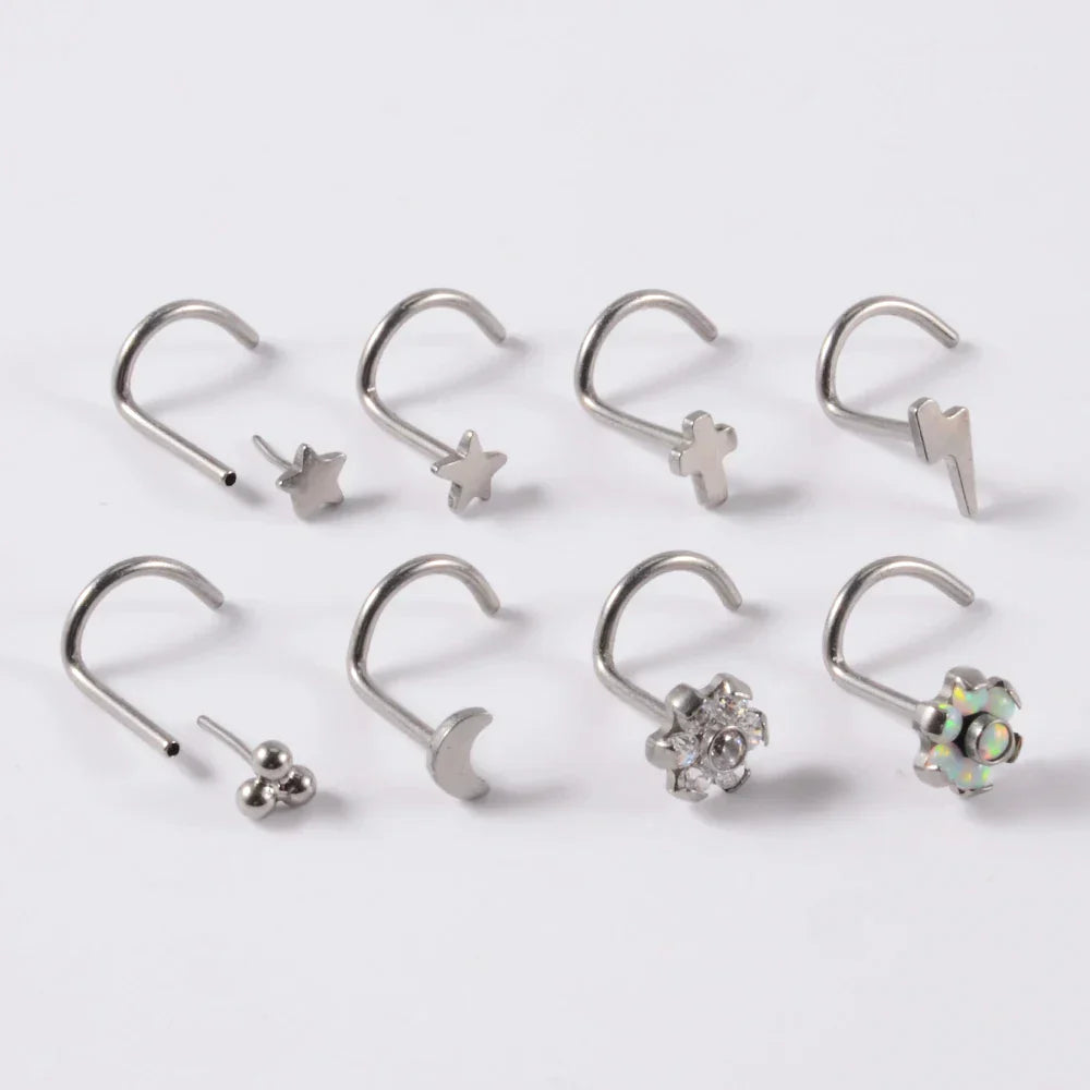 Corkscrew nose stud with 3 dots titanium silver nose ring 20G 6mm