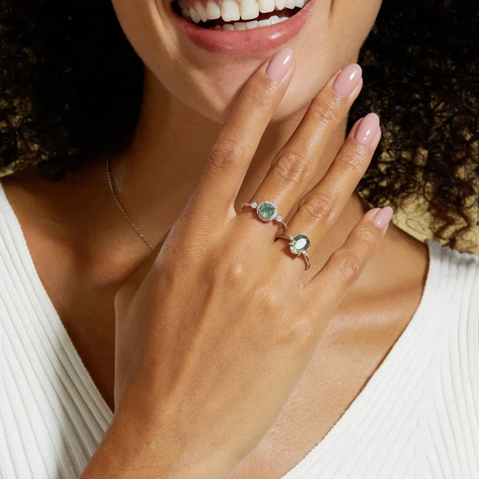 Moss agate and opal engagement ring sterling silver