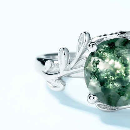 Moss agate leaf ring with a round moss agate sterling silver