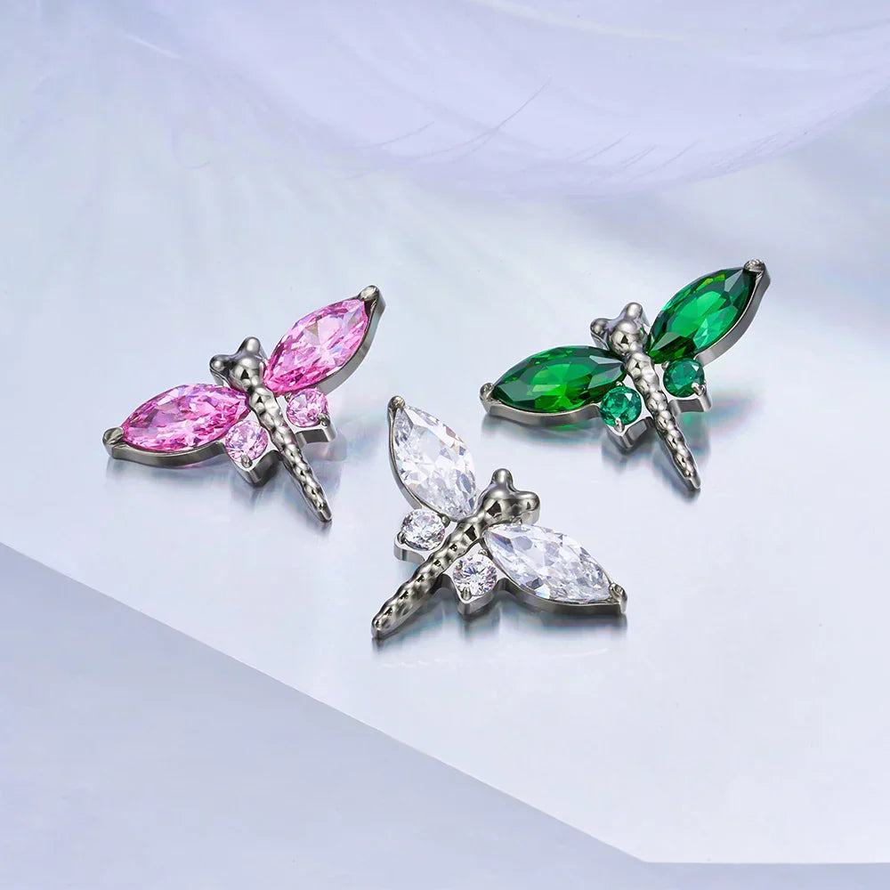 Dragonfly stud earring nose stud titanium piercing stud with clear pink or green diamonds