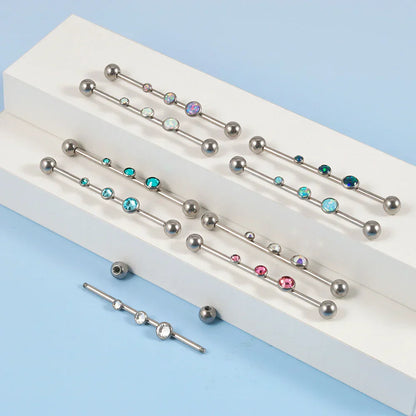 Diamond industrial bar with 3 clear pink blue CZ stones 14G 38mm titanium