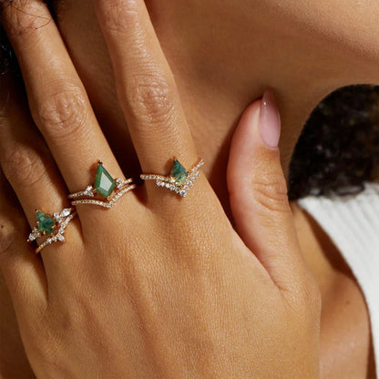 Moss agate ring set kite cut made of 925 sterling silver and natural moss agate