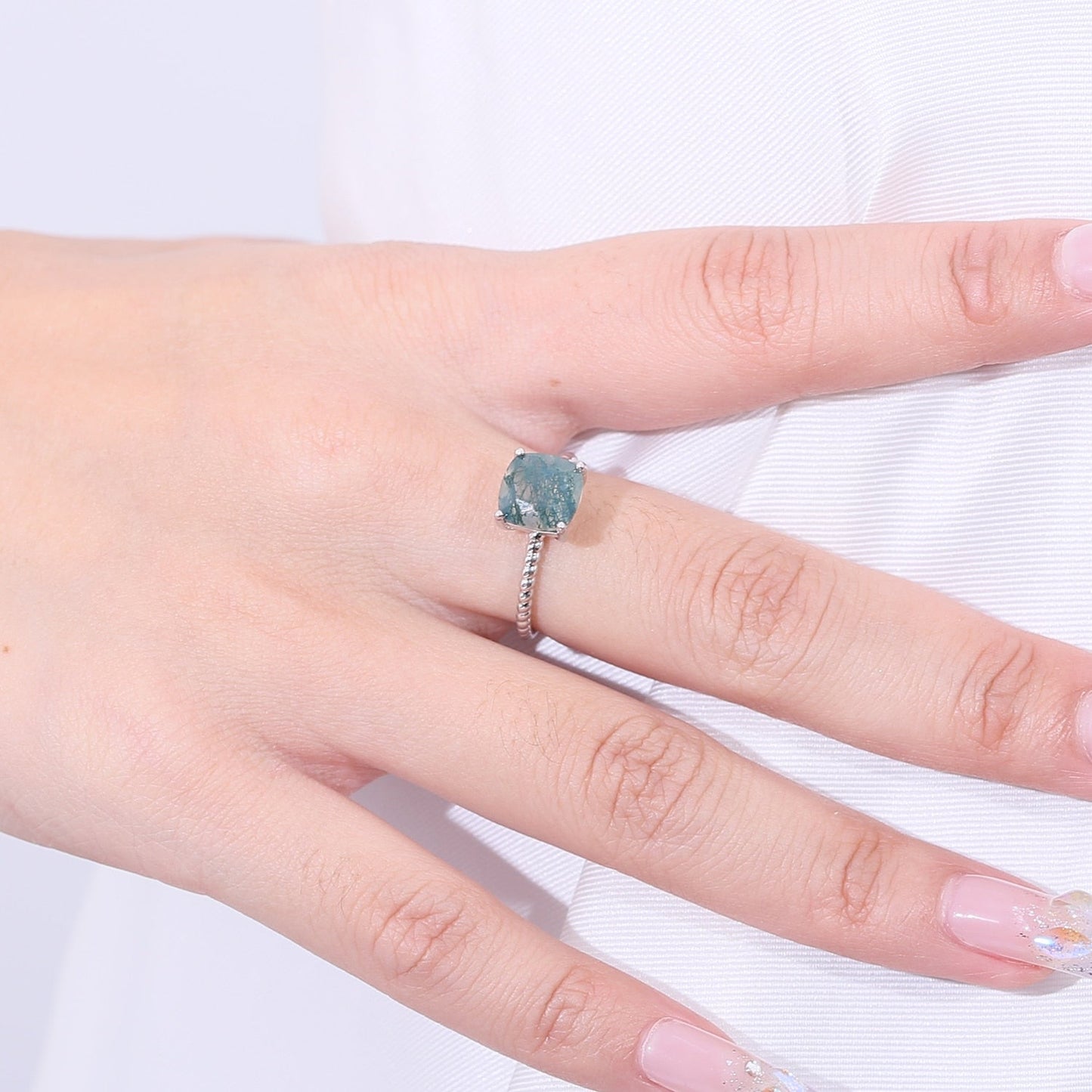 Natural moss agate ring square shape in silver
