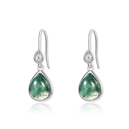 Green agate earrings with pear-shaped moss agate in sterling silver