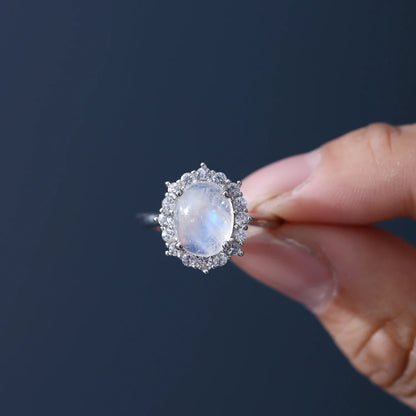 Moonstone engagement ring in gold and silver vintage style with diamond cz
