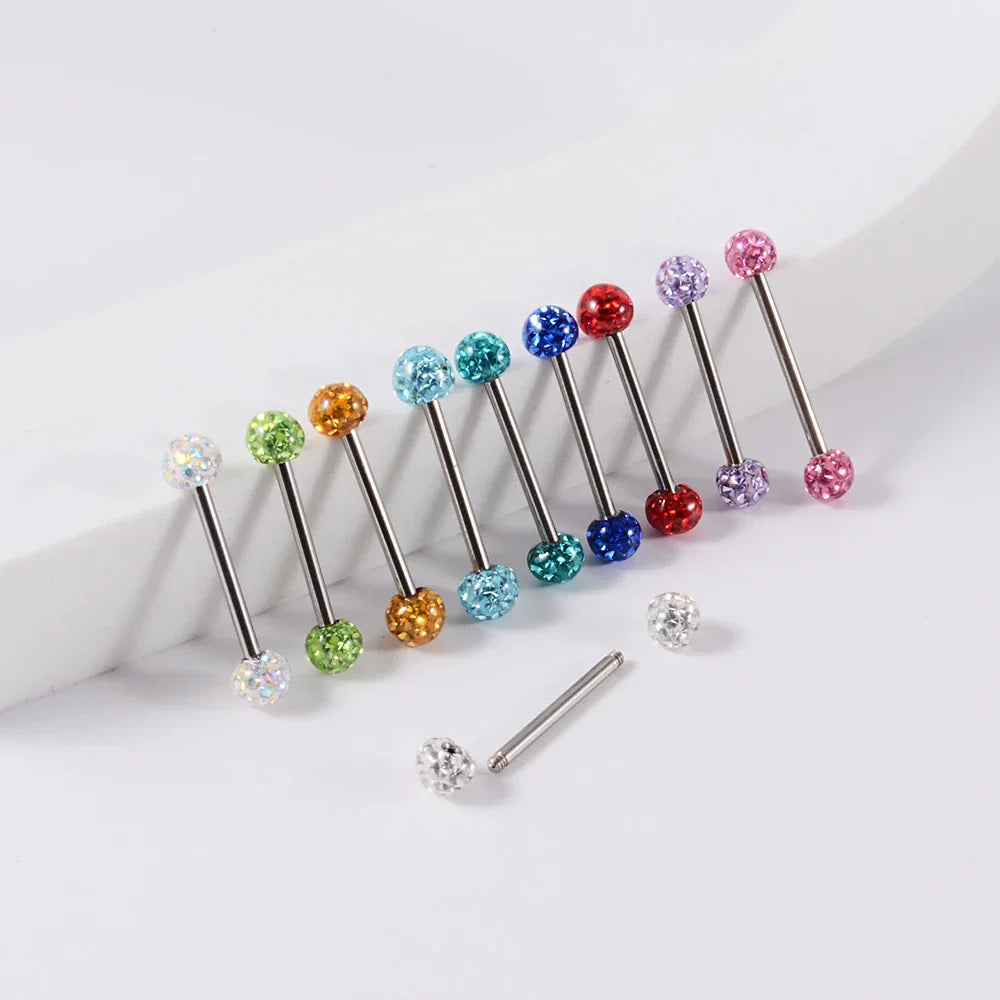 Beautiful industrial piercing with colorful crystal balls titanium industrial barbell tongue piercing jewelry