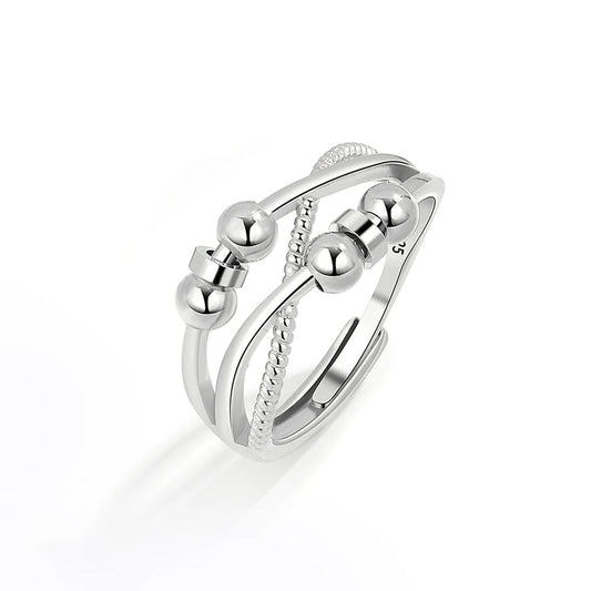 Silver fidget ring with beads 3 layered adjustable
