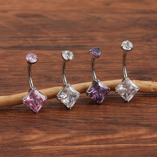 Diamond belly ring with square cubic zirconia titanium navel piercing