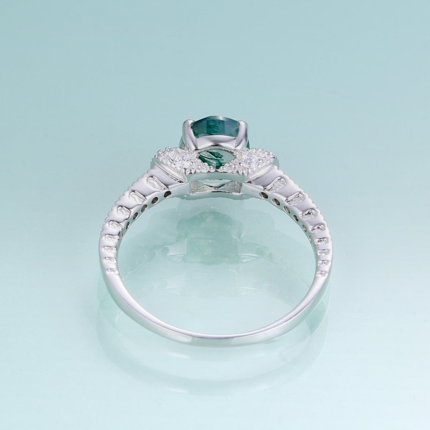 Silver moss agate ring oval cut pave setting art deco style