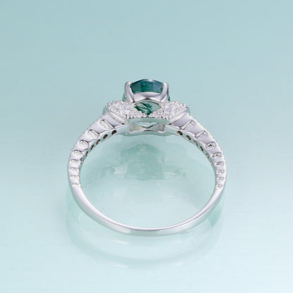 Silver moss agate ring oval cut pave setting art deco style