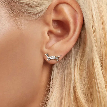 Dachshund earrings sterling silver stud earrings with clear diamond cz