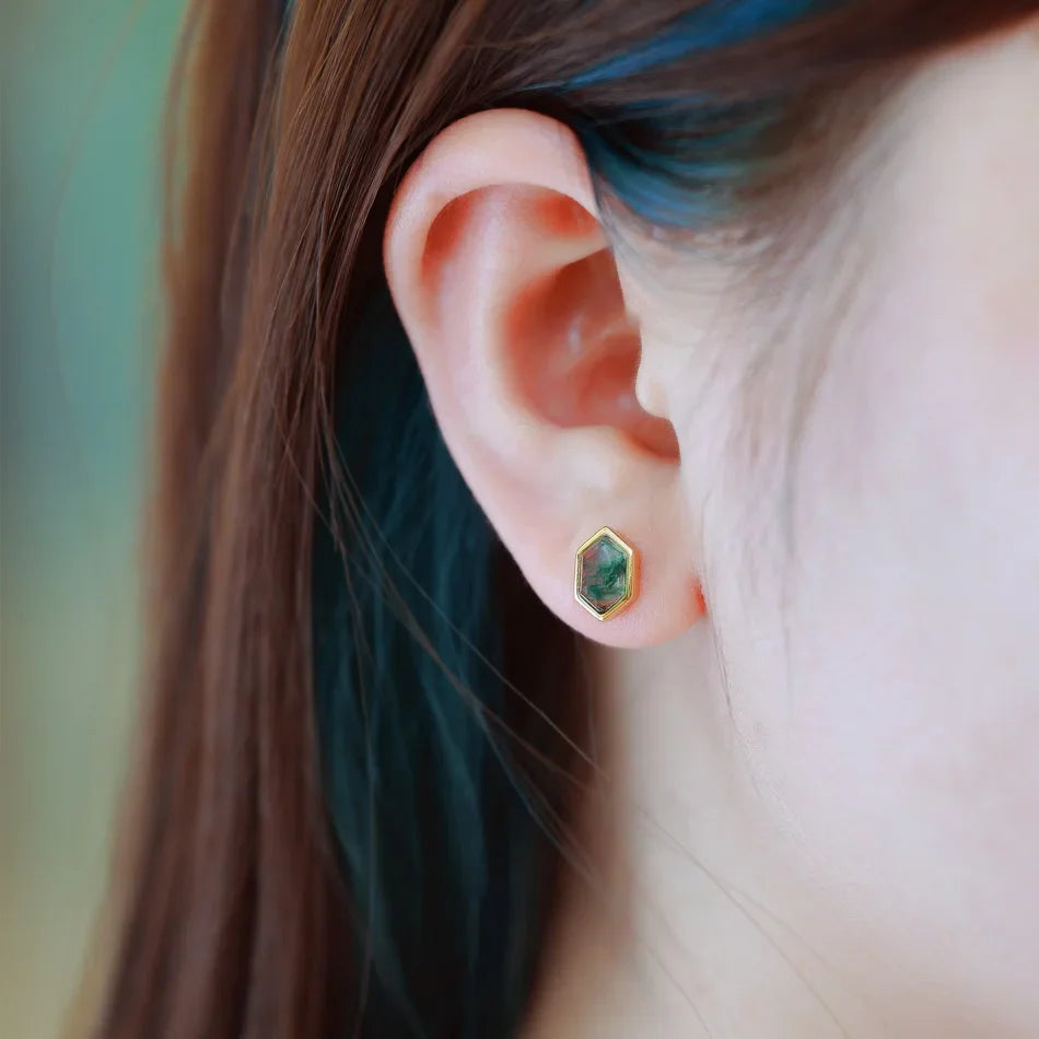 Gold moss agate stud earrings with hexagon moss agate stones
