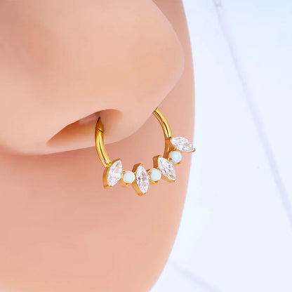 Opal septum clicker with white opal gold silver 16G titanium nose ring with CZ stones hinged clicker