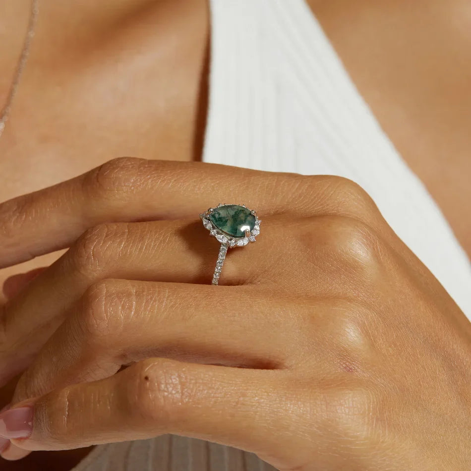 Green moss agate engagement ring sterling silver natural gemstone ring
