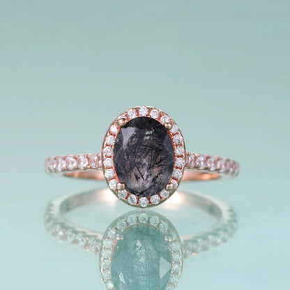 Rutilated quartz wedding ring oval cut natural black rutilated quartz halo engagement ring