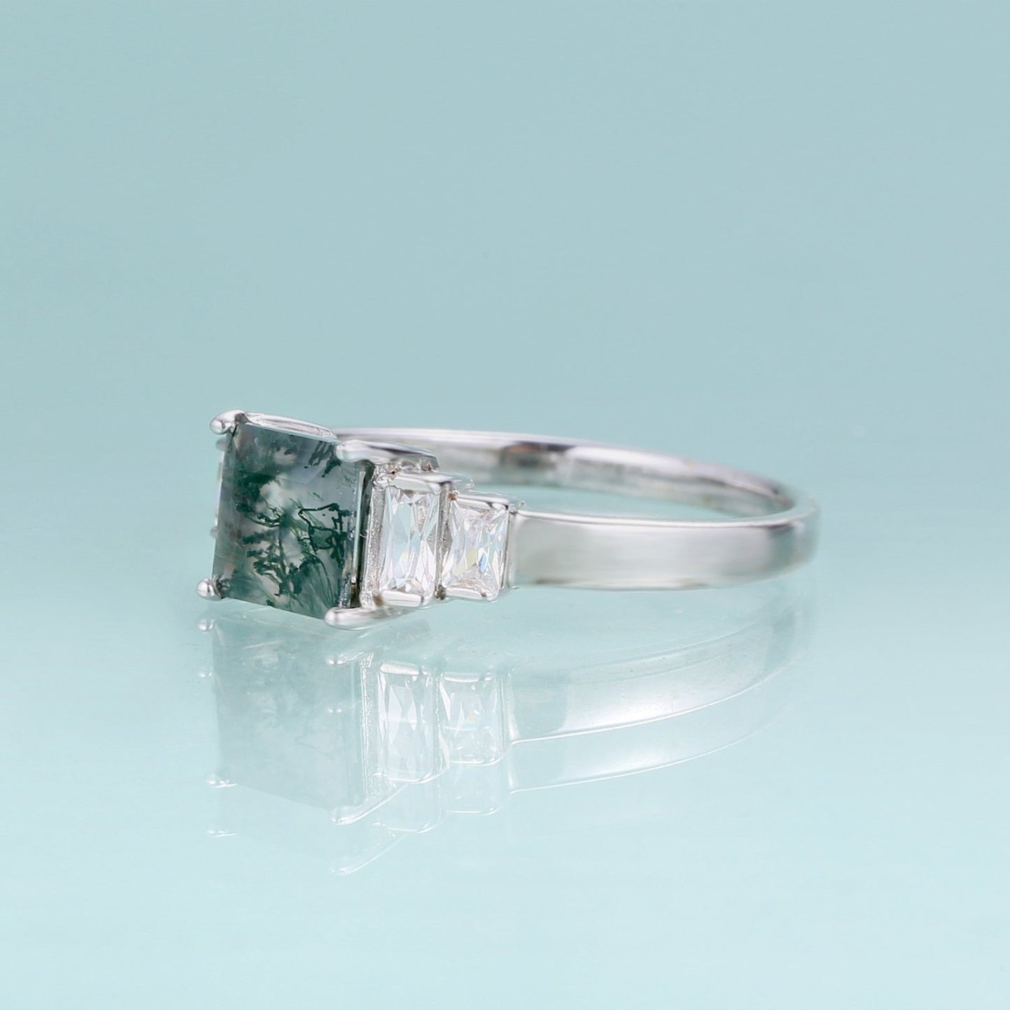 Moss agate ring band baguette ring in silver