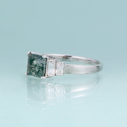 Moss agate ring band baguette ring in silver