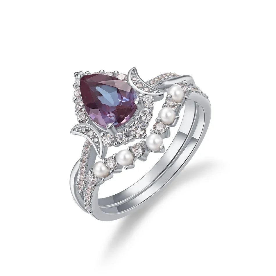 Alexandrite and pearl ring with diamond cz sterling silver ring set