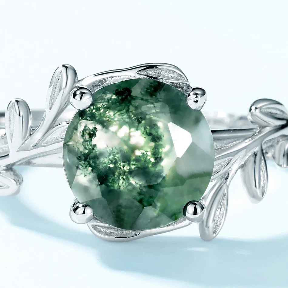 Moss agate leaf ring with a round moss agate sterling silver