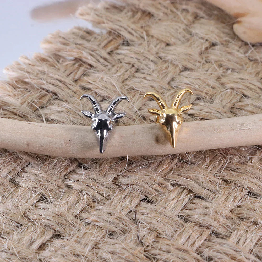 Goat stud gold and silver titanium internally threaded goat head stud earring 16G
