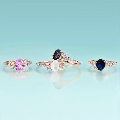 Black rutilated quartz engagement ring sterling silver oval cut vintage style