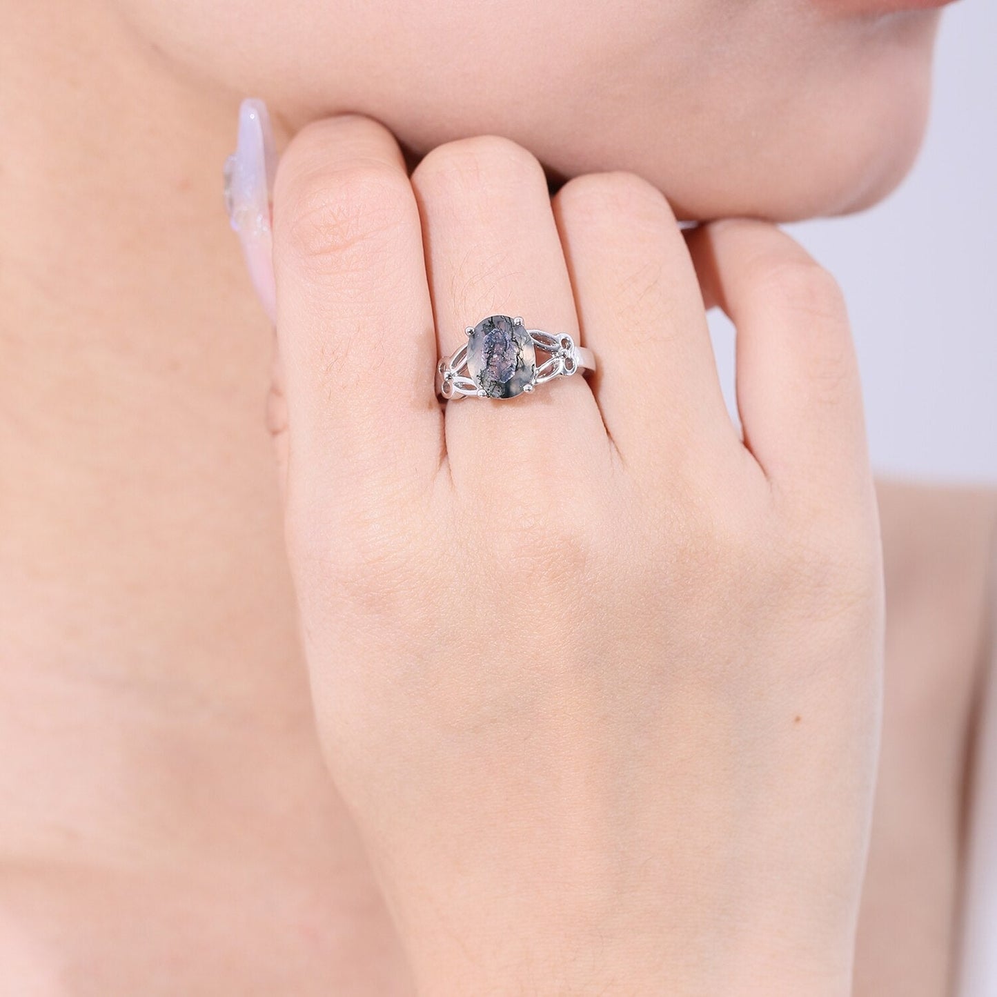 Moss agate ring vintage style oval cut in 925 sterling silver