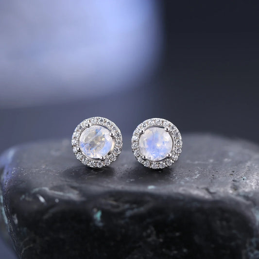 Moonstone earrings with round moonstones and clear cz silver stud earrings push back earrings