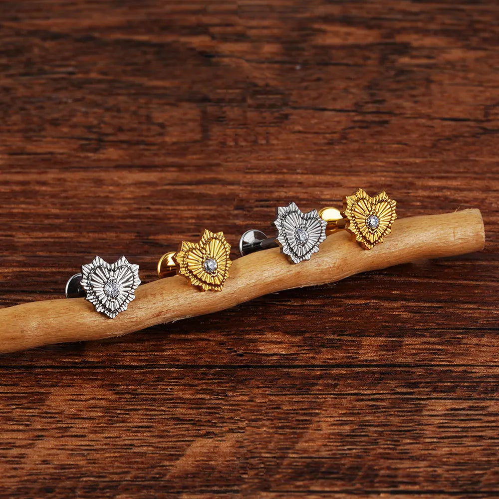 Implant grade titanium stud earring heart-shaped flat back 16G gold silver