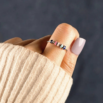 Anxiety bead ring with colorful beads sterling silver