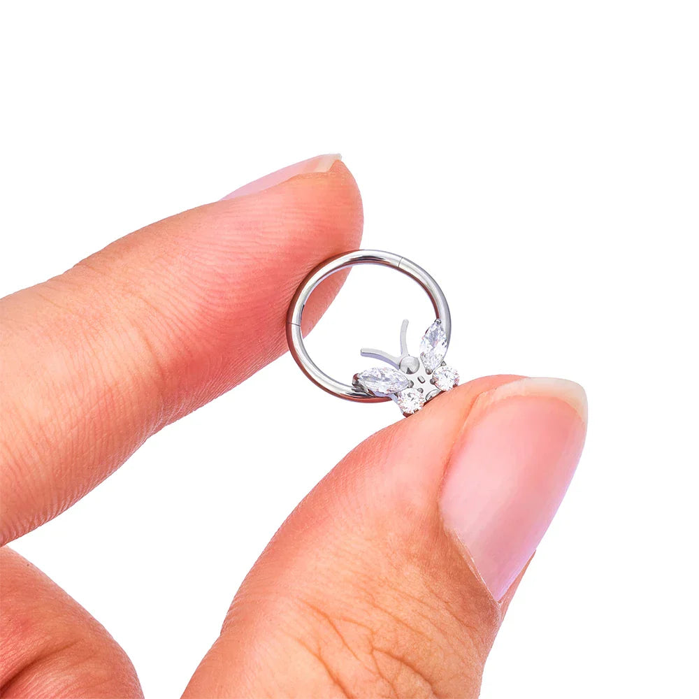 Butterfly nose ring gold silver with CZ stones septum piercing titanium nose clicker