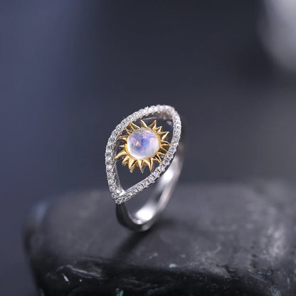 Evil eye ring with a natural moonstone unique adjustable ring