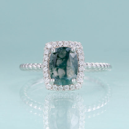 Moss agate engagement ring in silver halo ring rectangle shaped