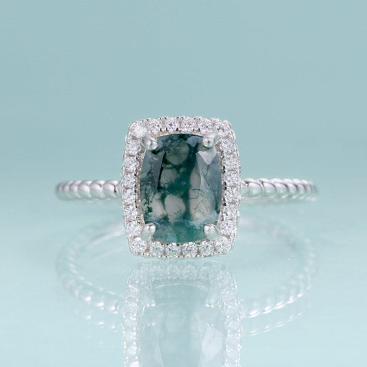 Moss agate engagement ring in silver halo ring rectangle shaped