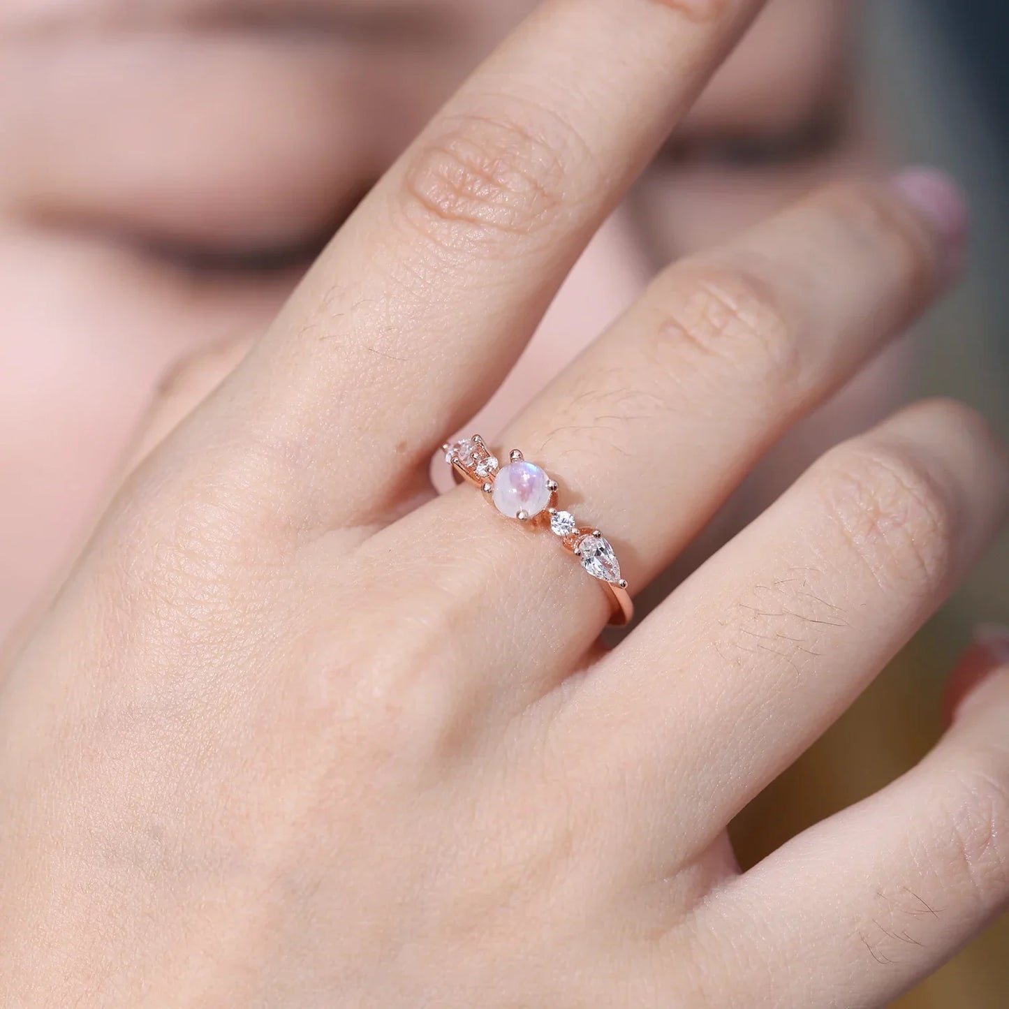 Women's moonstone ring rose gold with small round moonstones romantic ring for her