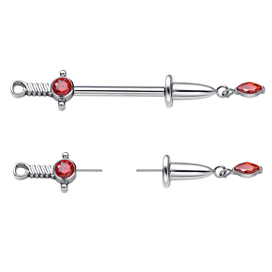 Sword nipple piercing with red gemstones sword nipple bars cute sexy titanium nipple rings 2 pieces