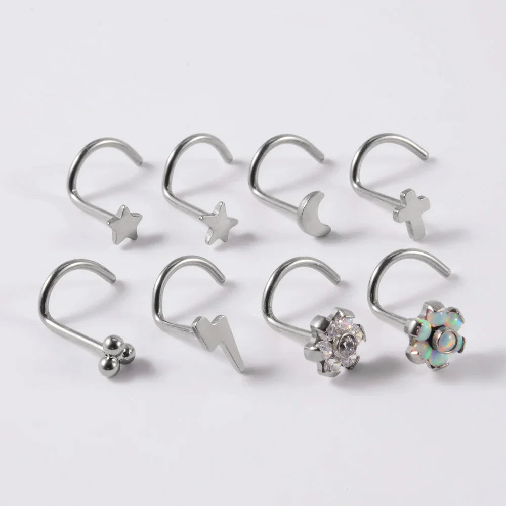 Corkscrew nose stud with 3 dots titanium silver nose ring 20G 6mm