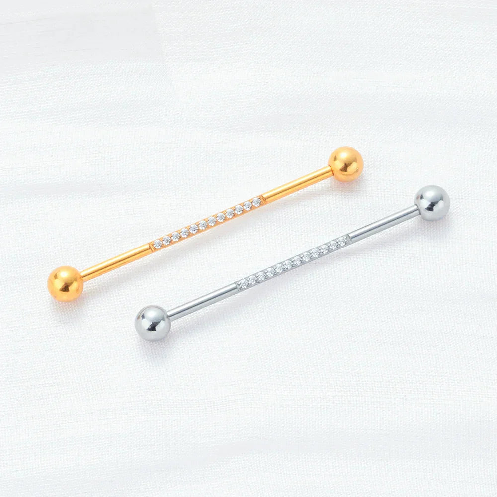 Industrial bar piercing cute with CZ stones gold and silver titanium 14G industrial barbell