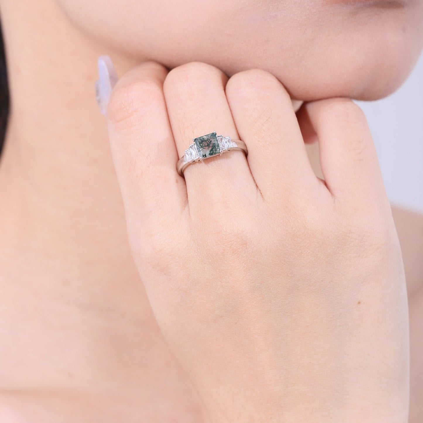 Moss agate ring band baguette ring in silver