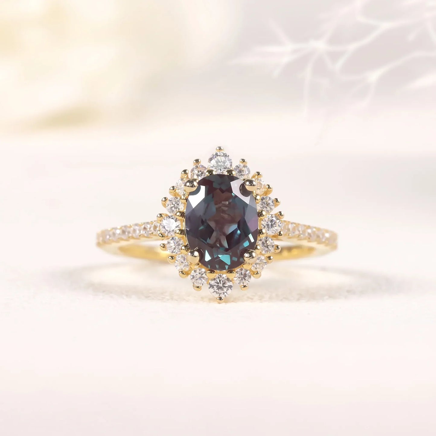 June birthstone alexandrite ring with diamond cz and oval alexandrite