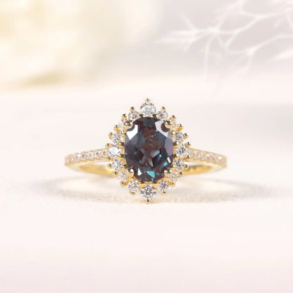 June birthstone alexandrite ring with diamond cz and oval alexandrite