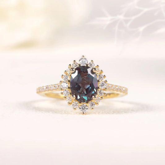 June birthstone alexandrite ring with diamond cz and oval alexandrite