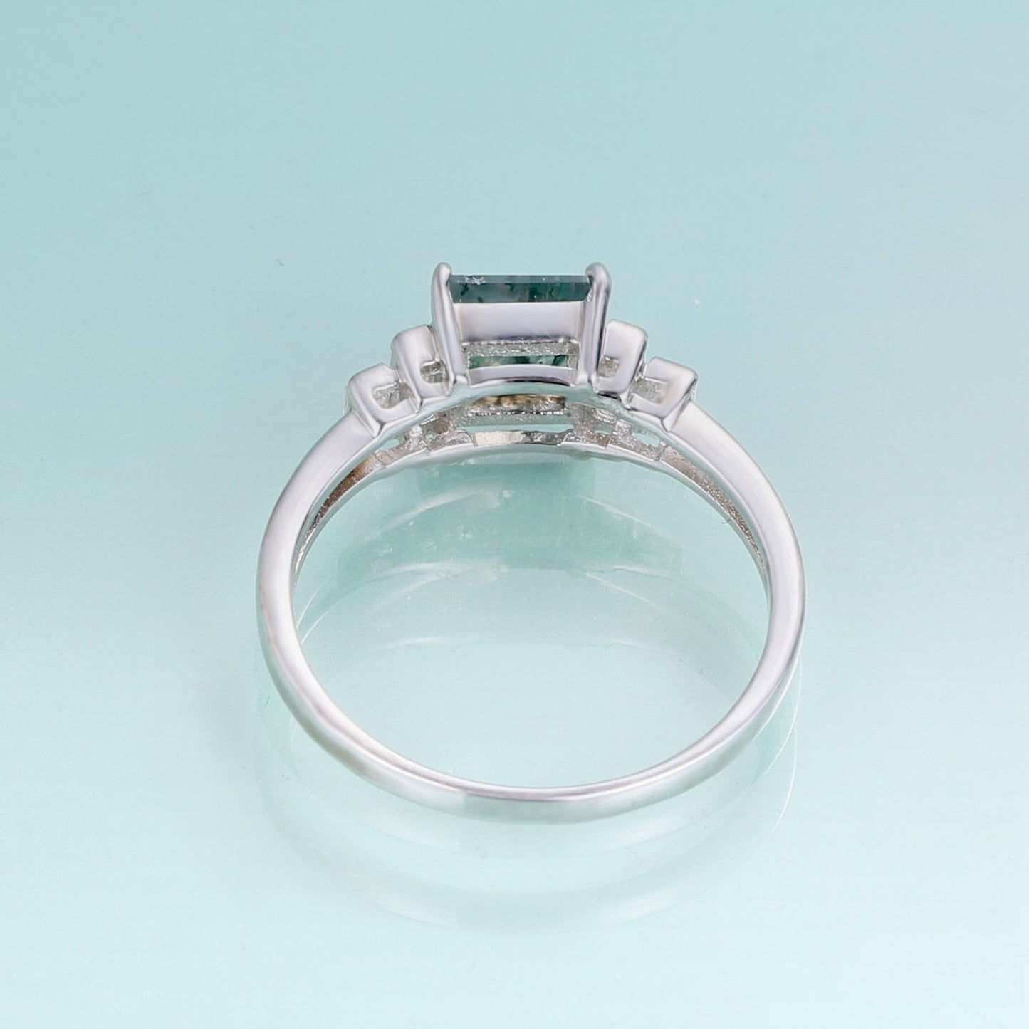 Moss agate ring band baguette ring in silver
