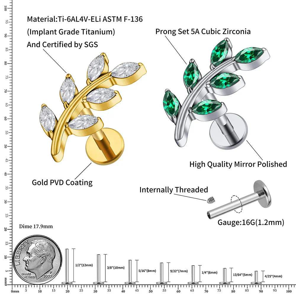 Leaf stud earring with diamond titanium leaf nose stud helix piercing conch stud 6 leaf stud