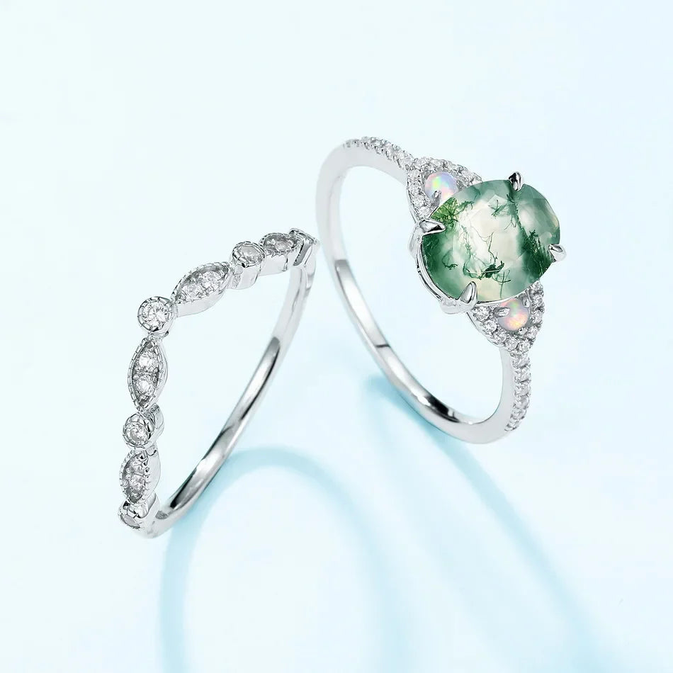 Moss agate and opal ring natural moss agate engagement ring and wedding band
