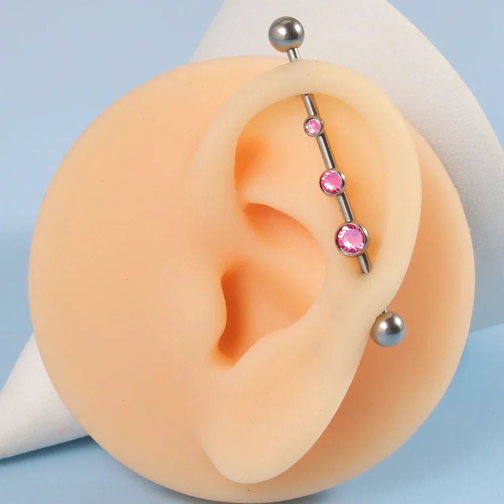 Diamond industrial bar with 3 clear pink blue CZ stones 14G 38mm titanium