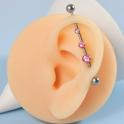 Diamond industrial bar with 3 clear pink blue CZ stones 14G 38mm titanium