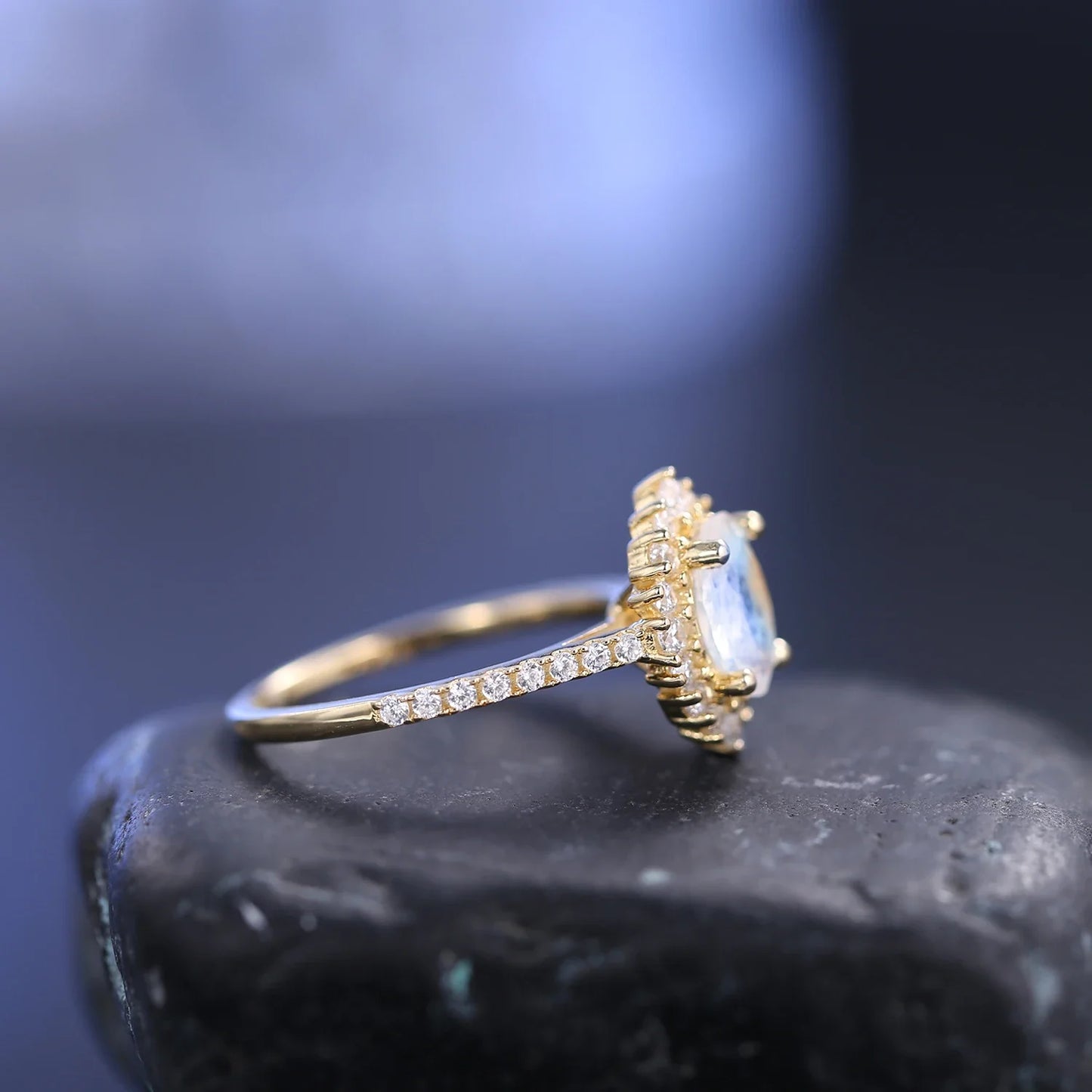 Gold moonstone ring with diamond cz and a real moonstone