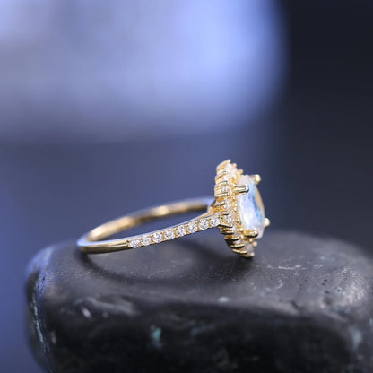 Gold moonstone ring with diamond cz and a real moonstone